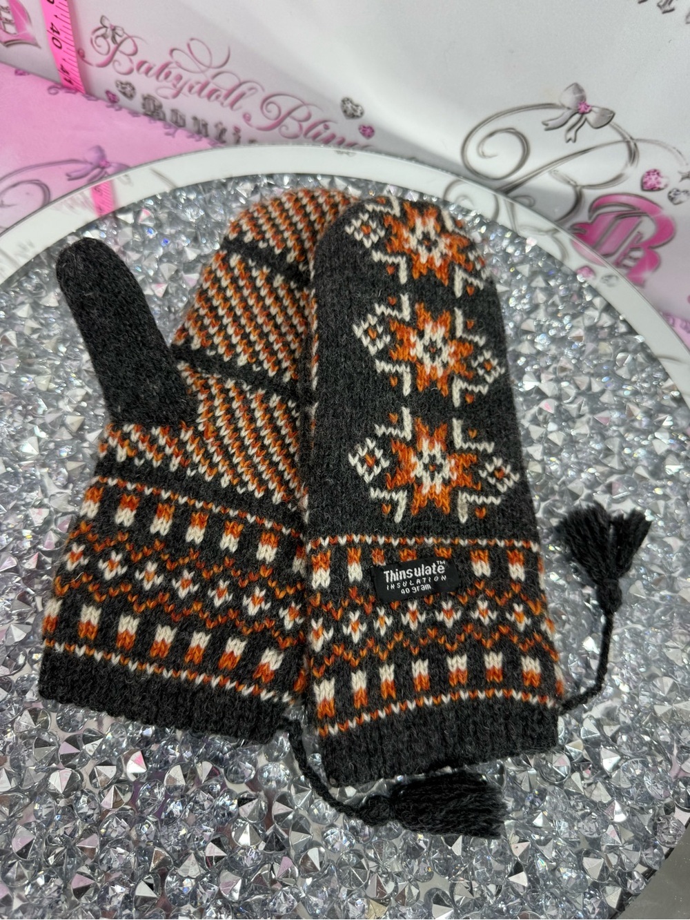 Gloves 3M Thinsulate Charcoal Gray, Orange & Cream Patterned Knit Mittens MITs